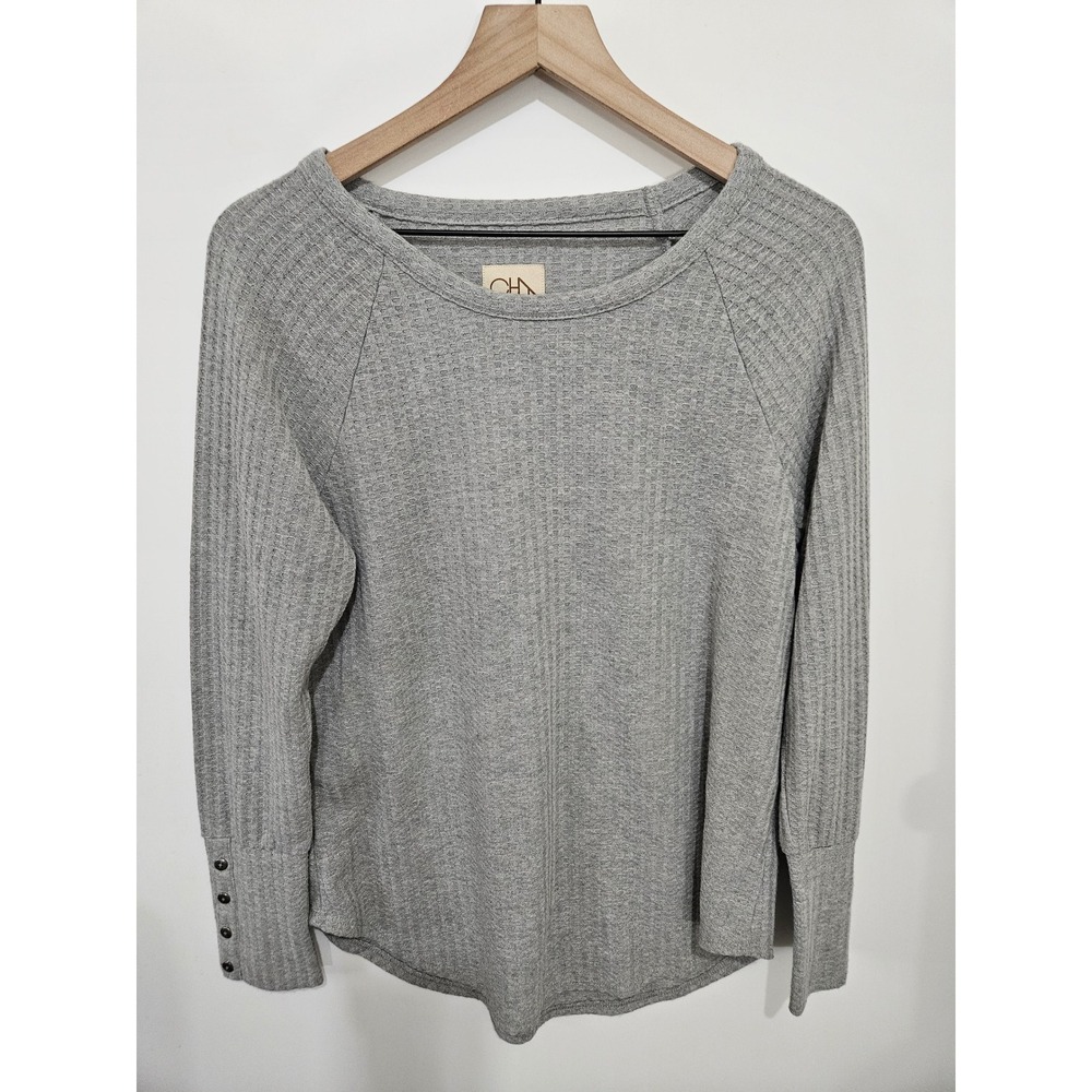 CHA‎ Gray Waffle Knit Long Sleeve Button Cuff Top Size L 1305943